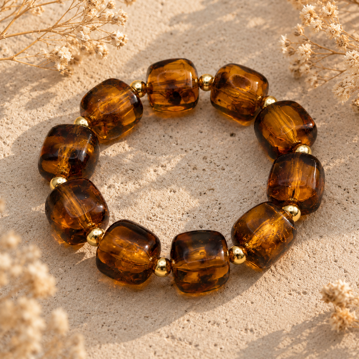 Détail grosses perles résine ambrée et billes dorées bracelet fantaisie