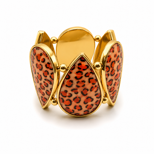 Bijou fantaisie bracelet manchette sertie or imprimé léopard orange - Dorée Paris